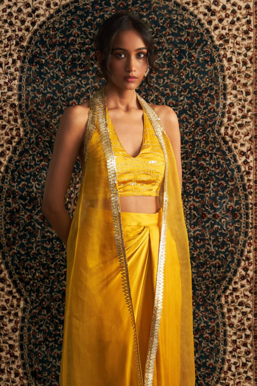 Marigold Embroidered jacket with Draped Skirt Set