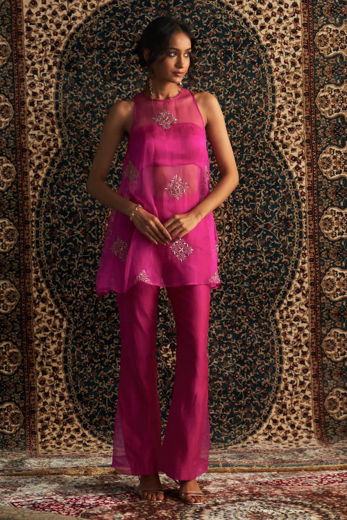 Rani Pink Embroidered Aline  Co-ord Set