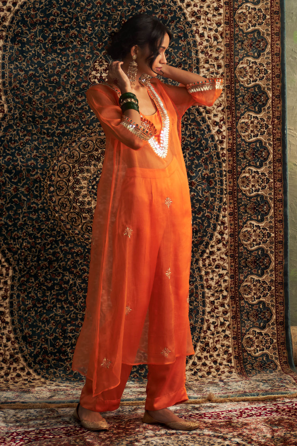 Saffron Embroidered V Neck kurta set