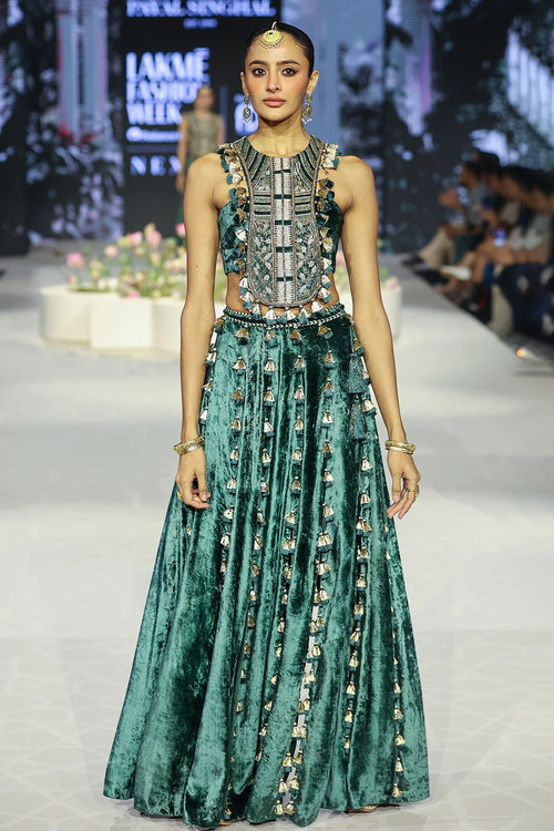 Benazir Emerald Green Back Tie-Up Choli And Sharara Pant Set