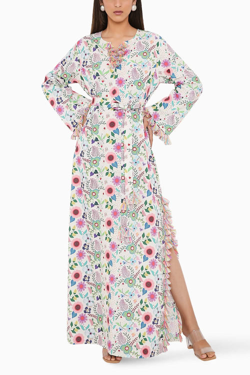 Cream Spring Floral Garden Printed Kaftan