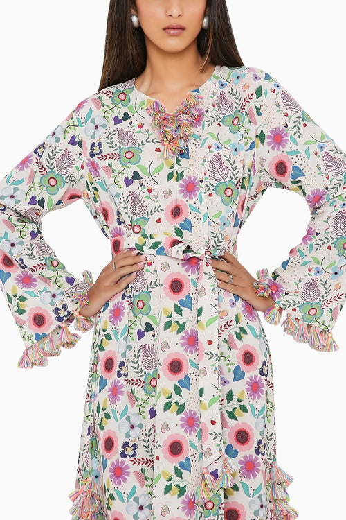 Cream Spring Floral Garden Printed Kaftan