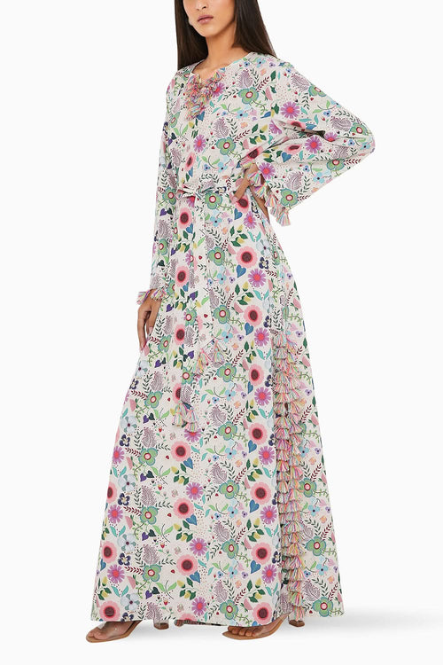Cream Spring Floral Garden Printed Kaftan