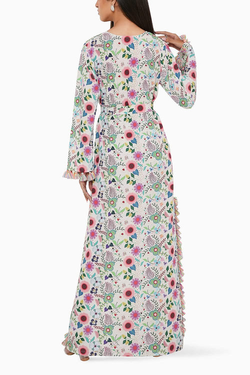 Cream Spring Floral Garden Printed Kaftan