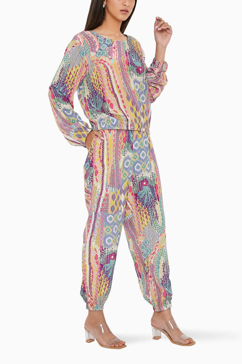 Lime African Print Crepe Top and Jogger Pants