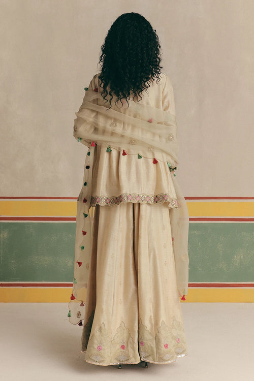 Ivory Jasmine Banarsi Kurta With Pants And Dupatta