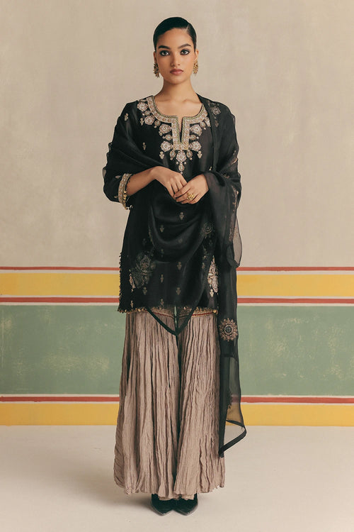 Black Zinnia Banarsi Kurta With Pants And Dupatta
