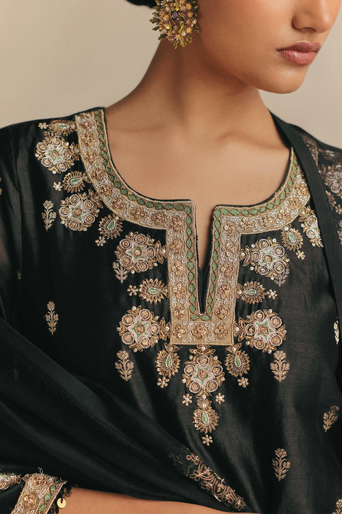 Black Zinnia Banarsi Kurta With Pants And Dupatta