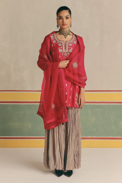 Red Zinnia Banarsi Kurta With Pants And Dupatta