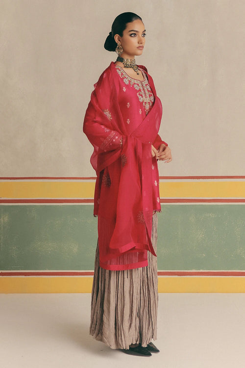 Red Zinnia Banarsi Kurta With Pants And Dupatta