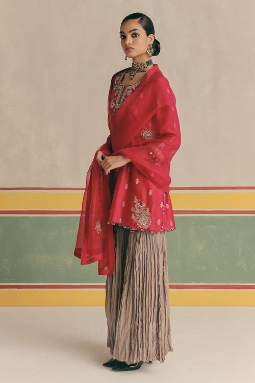 Red Zinnia Banarsi Kurta With Pants And Dupatta