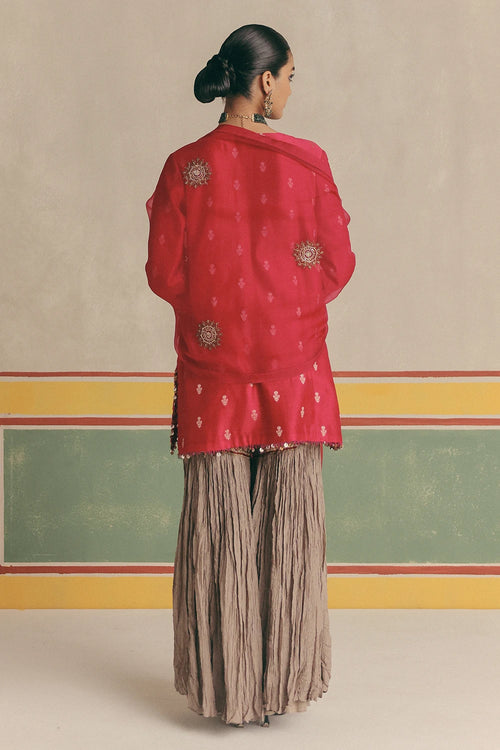 Red Zinnia Banarsi Kurta With Pants And Dupatta