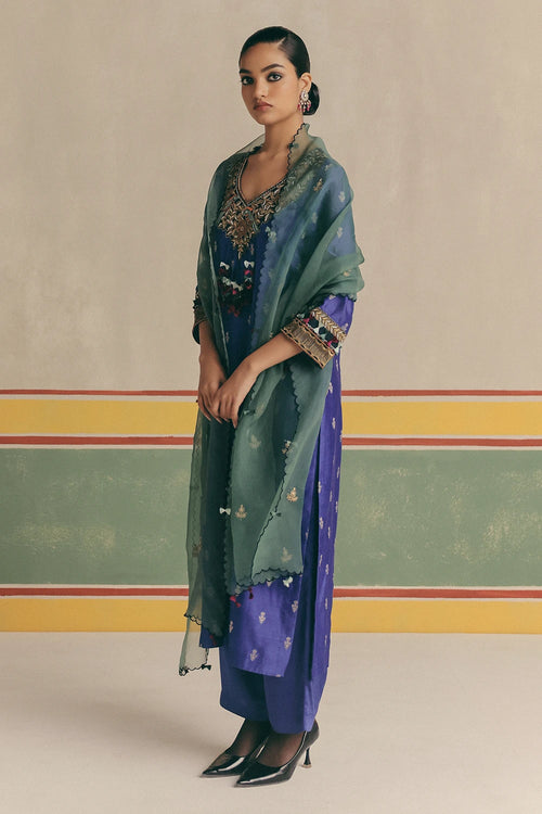 Blue Toucan Banarsi Kurta With Pants And Dupatta