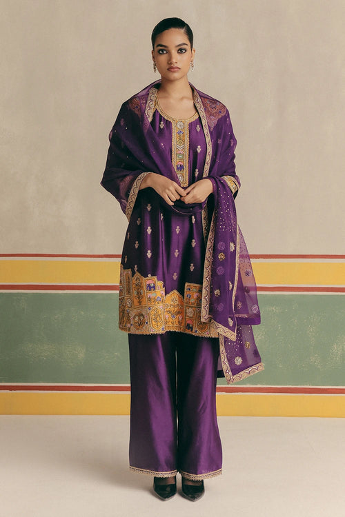 Violet Banarsi Kurta With Pants And Organza Dupatta
