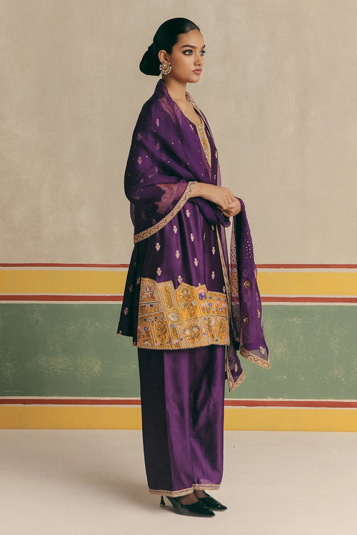Violet Banarsi Kurta With Pants And Organza Dupatta
