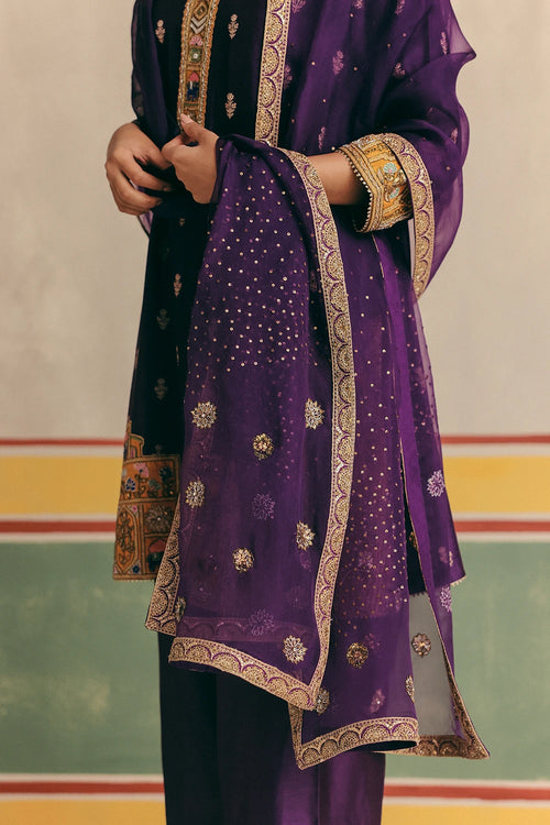 Violet Banarsi Kurta With Pants And Organza Dupatta
