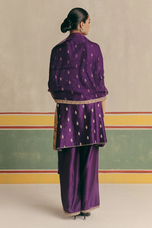 Violet Banarsi Kurta With Pants And Organza Dupatta