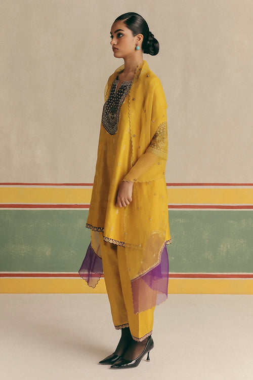 Yellow Chidiya Banarsi Kurta With Pants And Dupatta