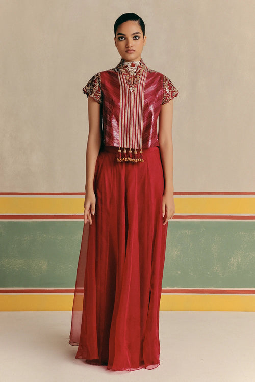 Surkh Jacket With Organza Flare Skirt