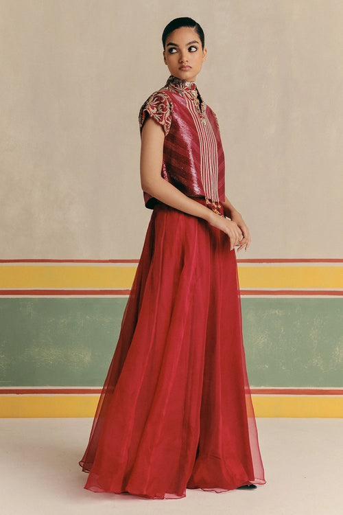Surkh Jacket With Organza Flare Skirt