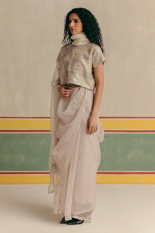 Chandi Antifit Blouse And Saree In Organza