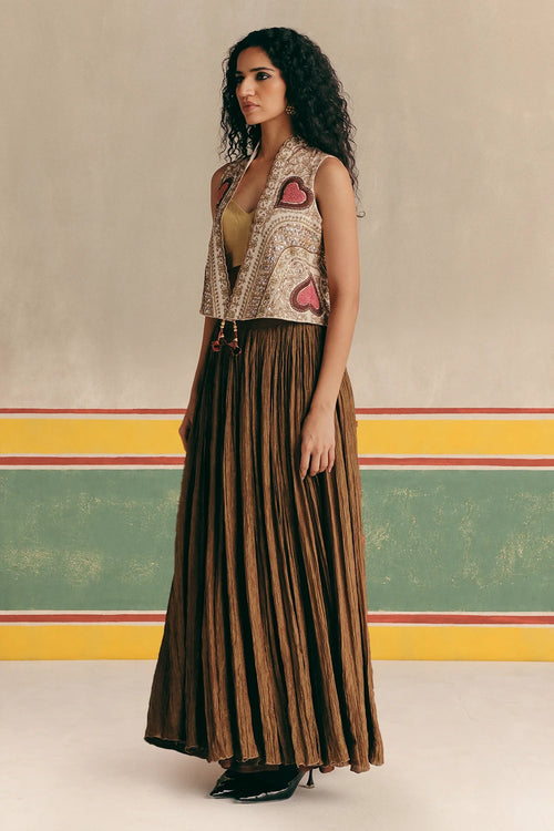 Copper Pink Jacket With Tissue Bustier And Skirt