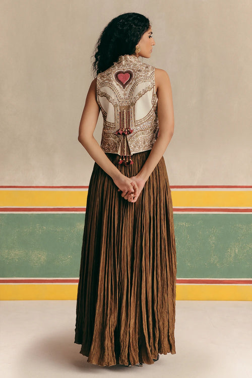 Copper Pink Jacket With Tissue Bustier And Skirt