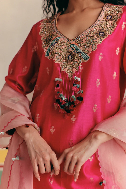 Pink Toucan Banarsi Kurta With Pants And Dupatta