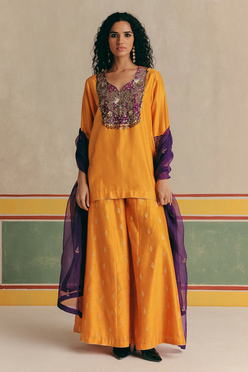 Orange Dahlia Banarsi Kurta With Pants And Dupatta