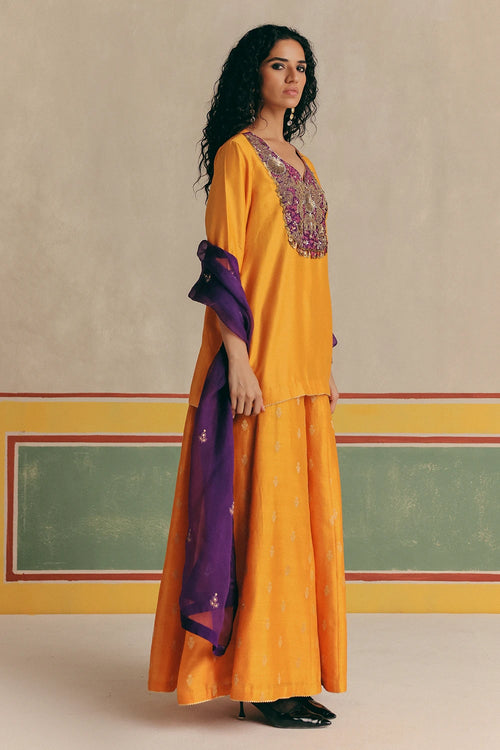 Orange Dahlia Banarsi Kurta With Pants And Dupatta