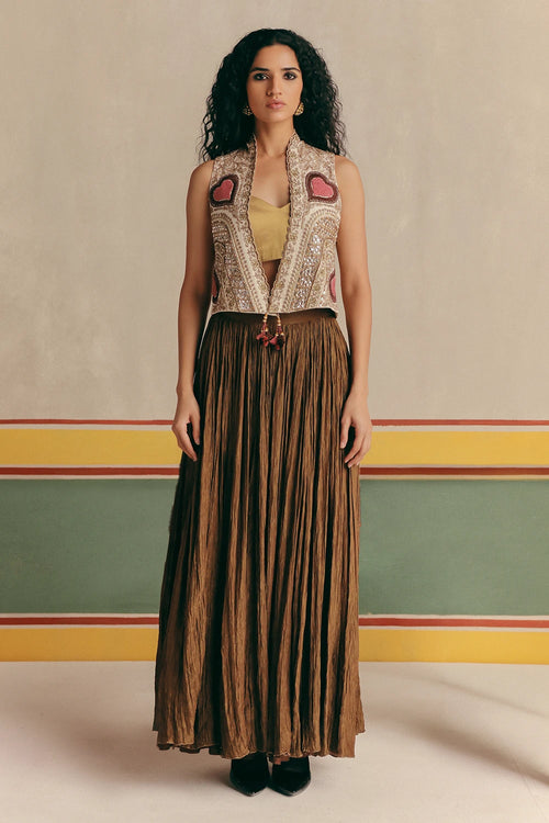 Copper Pink Jacket With Tissue Bustier And Skirt