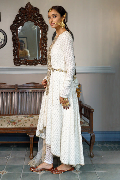Nusrat Off White Embroidered Anarkali And Churidar With Dupatta Set