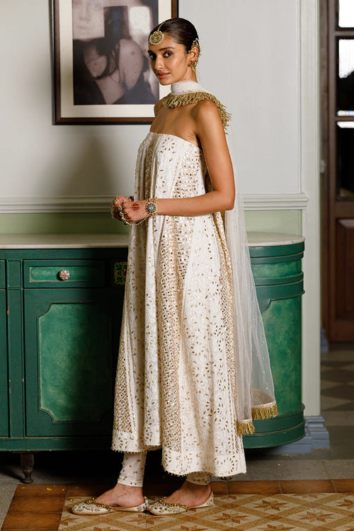 Off White Tube Anarkali With Embroidered Churidar And Dupatta Set