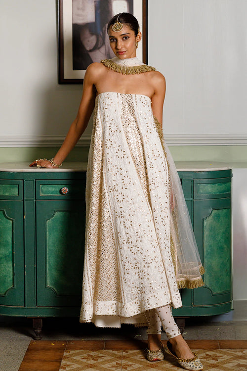 Off White Tube Anarkali With Embroidered Churidar And Dupatta Set