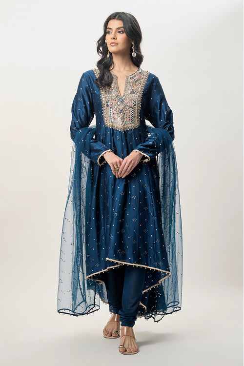 Ria Navy Blue Mukaish Silkmul Embroidered Anarkali With Churidar And Mukaish Net Dupatta