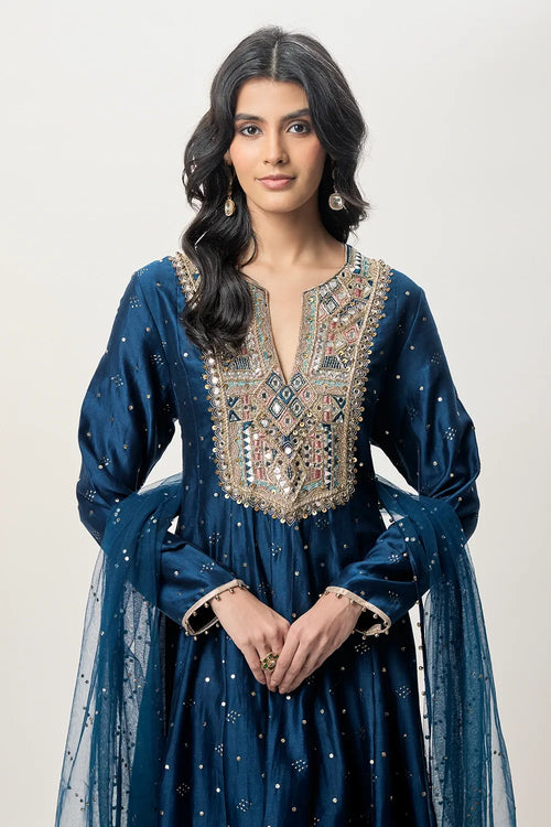 Ria Navy Blue Mukaish Silkmul Embroidered Anarkali With Churidar And Mukaish Net Dupatta