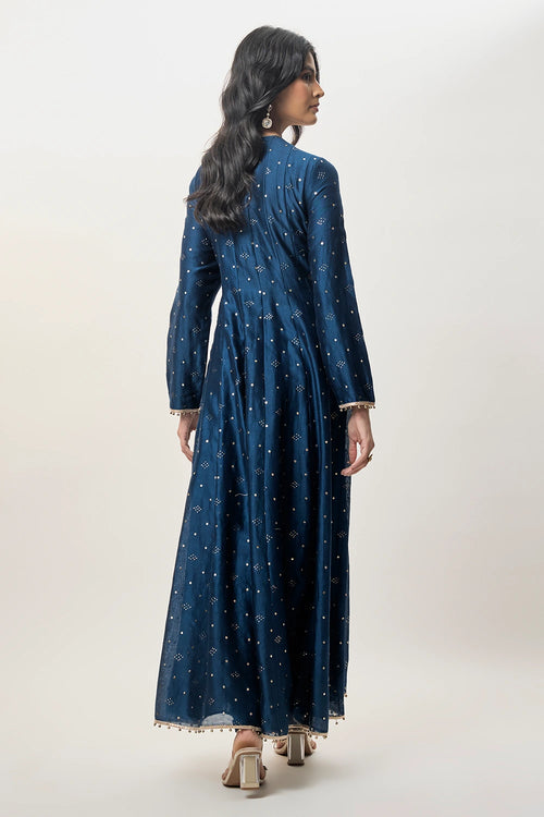 Ria Navy Blue Mukaish Silkmul Embroidered Anarkali With Churidar And Mukaish Net Dupatta