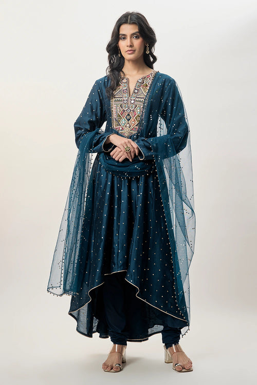Zarrin Navy Blue Mukaish Silkmul Embroidered Anarkali With Churidar And Mukaish Net Dupatta
