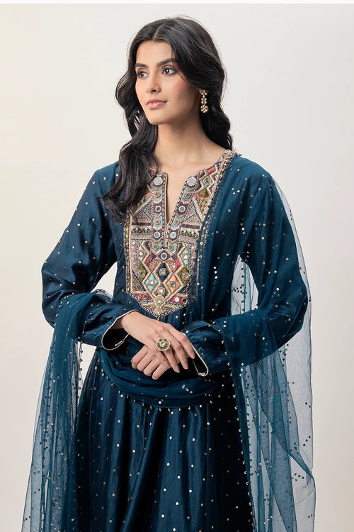 Zarrin Navy Blue Mukaish Silkmul Embroidered Anarkali With Churidar And Mukaish Net Dupatta