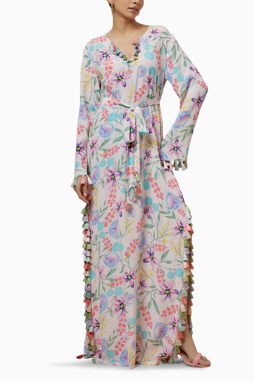 Baby Pink Printed Crepe Long Beyza Kaftan