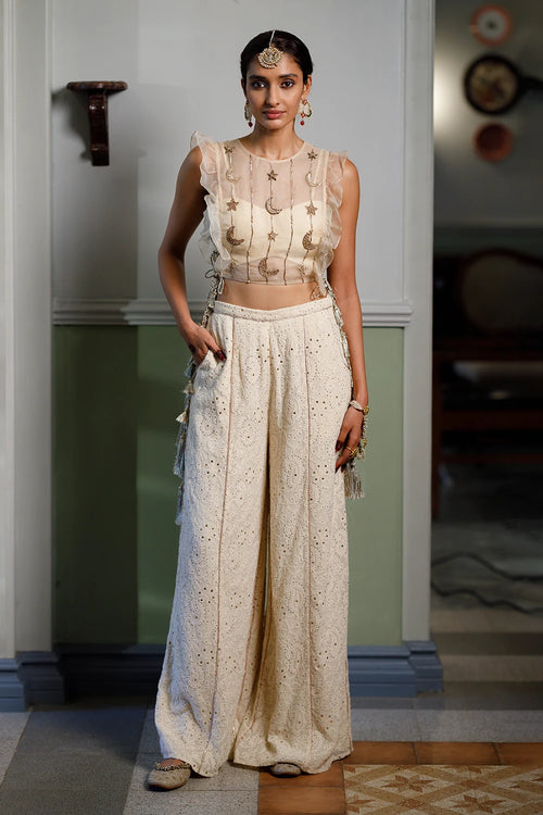Stone Embroidered Bib And Tie-Up Bustier With Pant Set