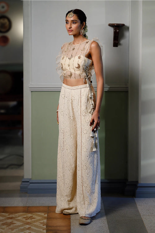 Stone Embroidered Bib And Tie-Up Bustier With Pant Set