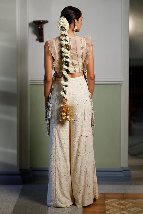 Stone Embroidered Bib And Tie-Up Bustier With Pant Set