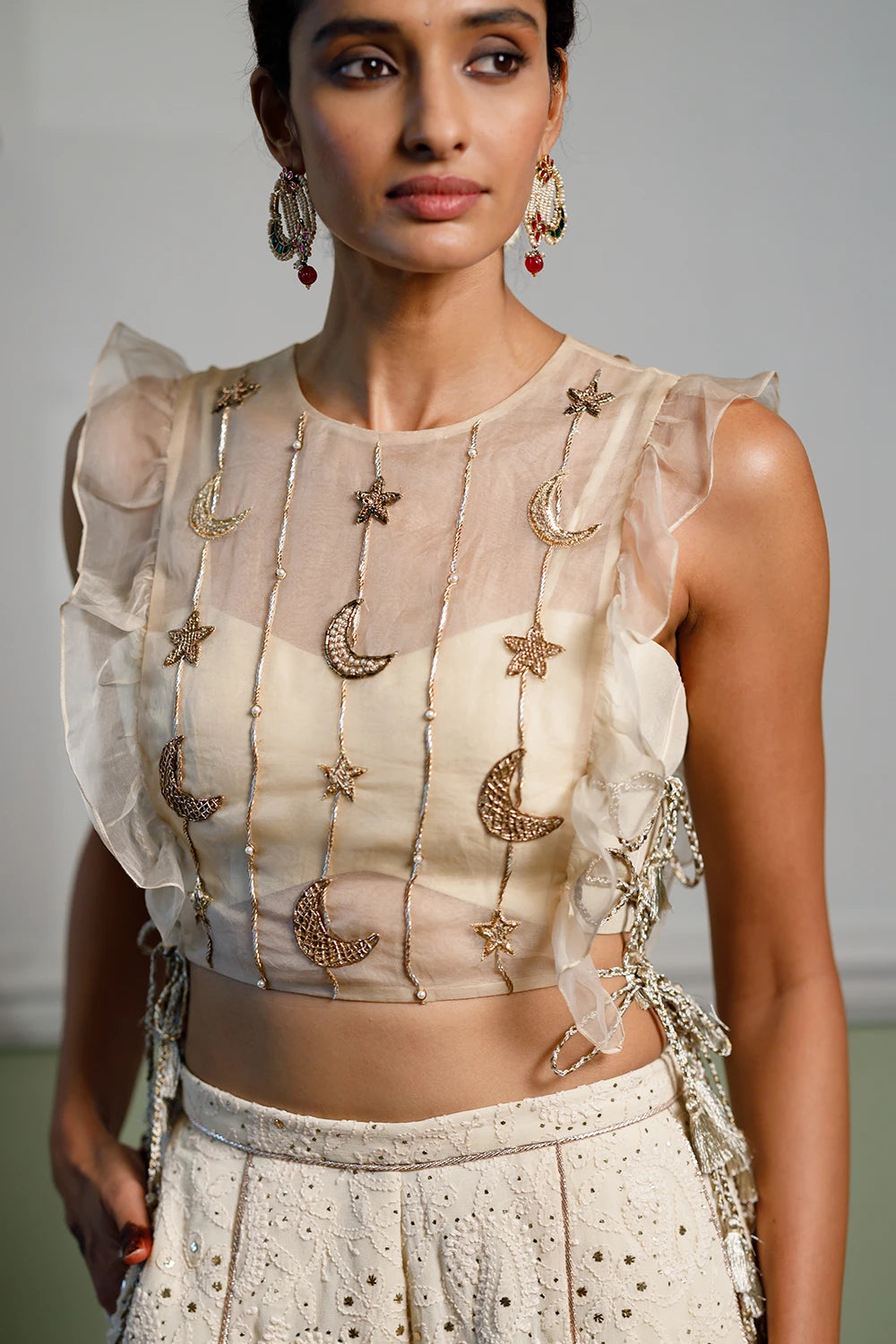 Stone Embroidered Bib And Tie-Up Bustier With Pant Set
