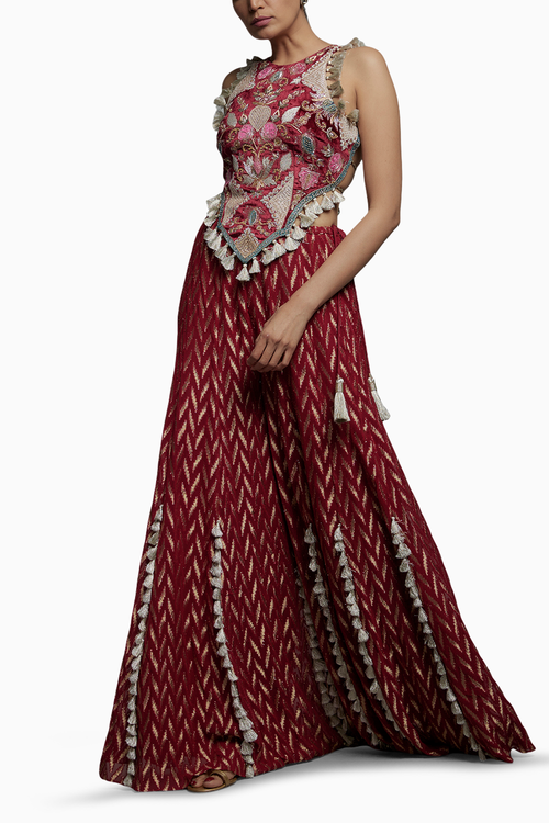 Maroon Embroidered Back Tie-Up Choli With Sharara