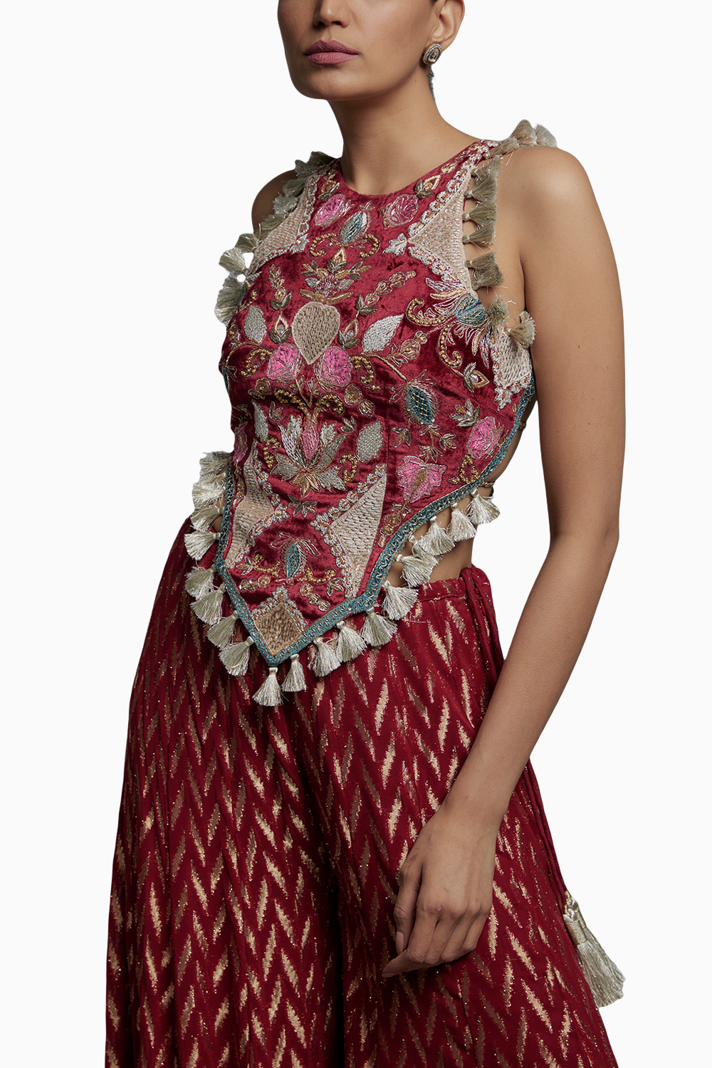 Maroon Embroidered Back Tie-Up Choli With Sharara