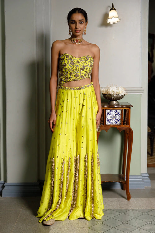Nissa Lime Yellow Embroidered Choli With Sharara Set