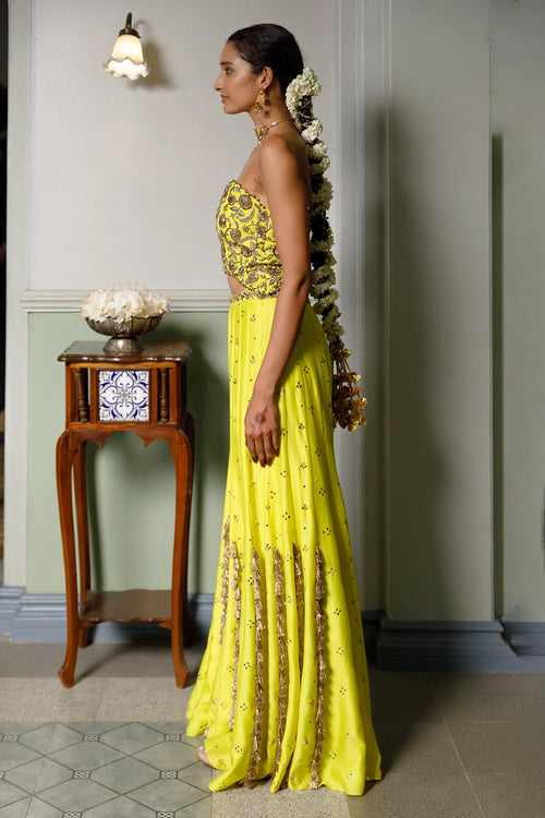 Nissa Lime Yellow Embroidered Choli With Sharara Set