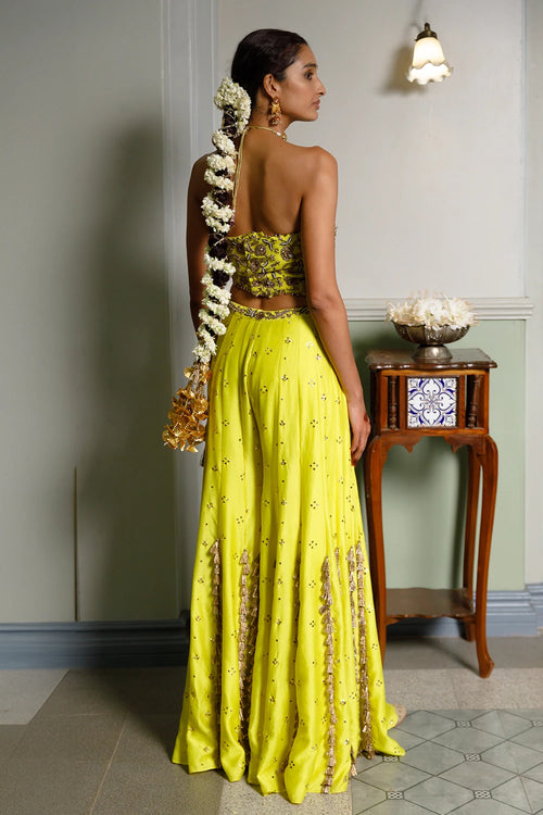 Nissa Lime Yellow Embroidered Choli With Sharara Set