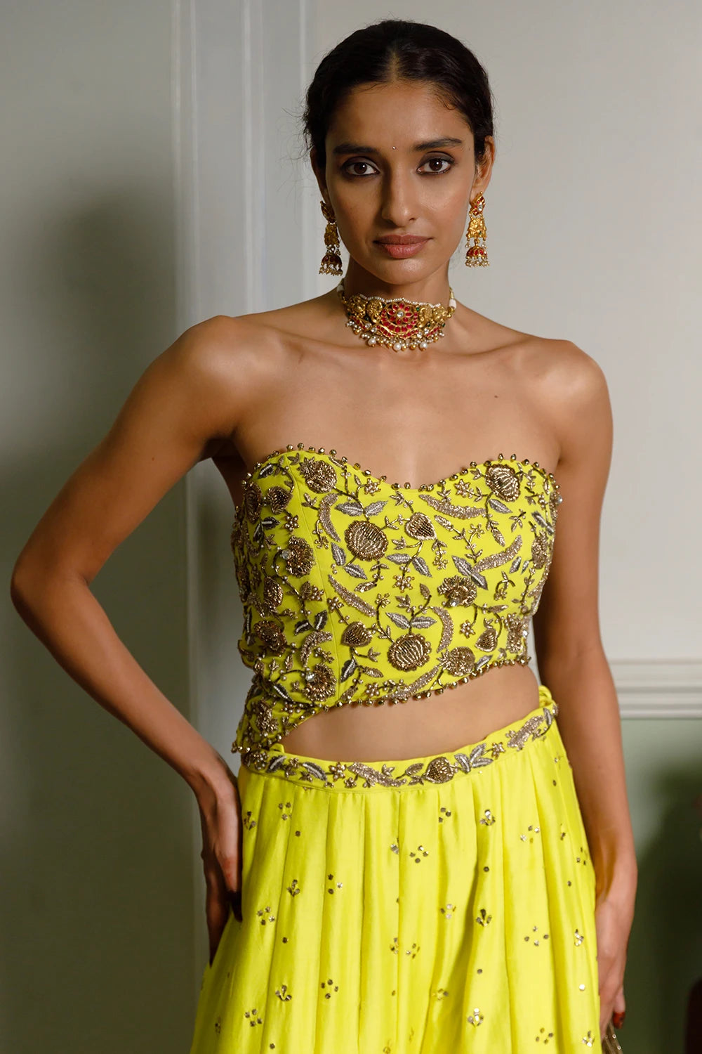 Nissa Lime Yellow Embroidered Choli With Sharara Set